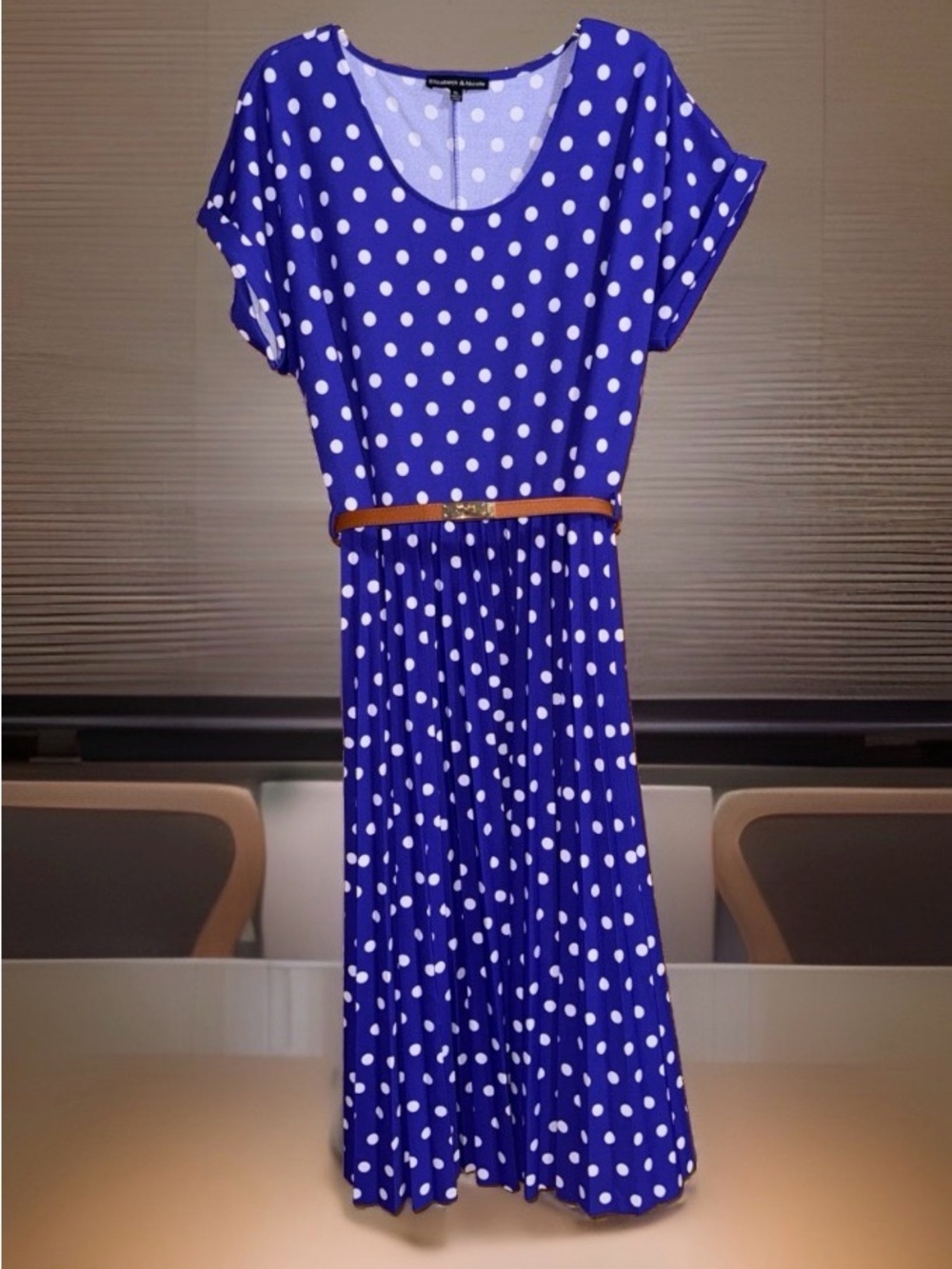 E & N Women’s Polka Dot Midi Dress w/Pleated Skirt-Cobalt Blue & White-1XL-EC